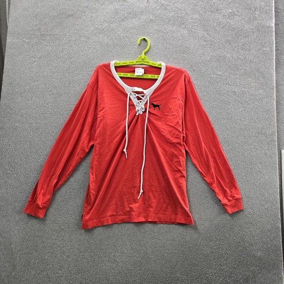 Victoria's Secret Tops - Victoria's Secret PINK Women Shirt M Red Logo V-Neck Lace Up Dog Campus Varsity